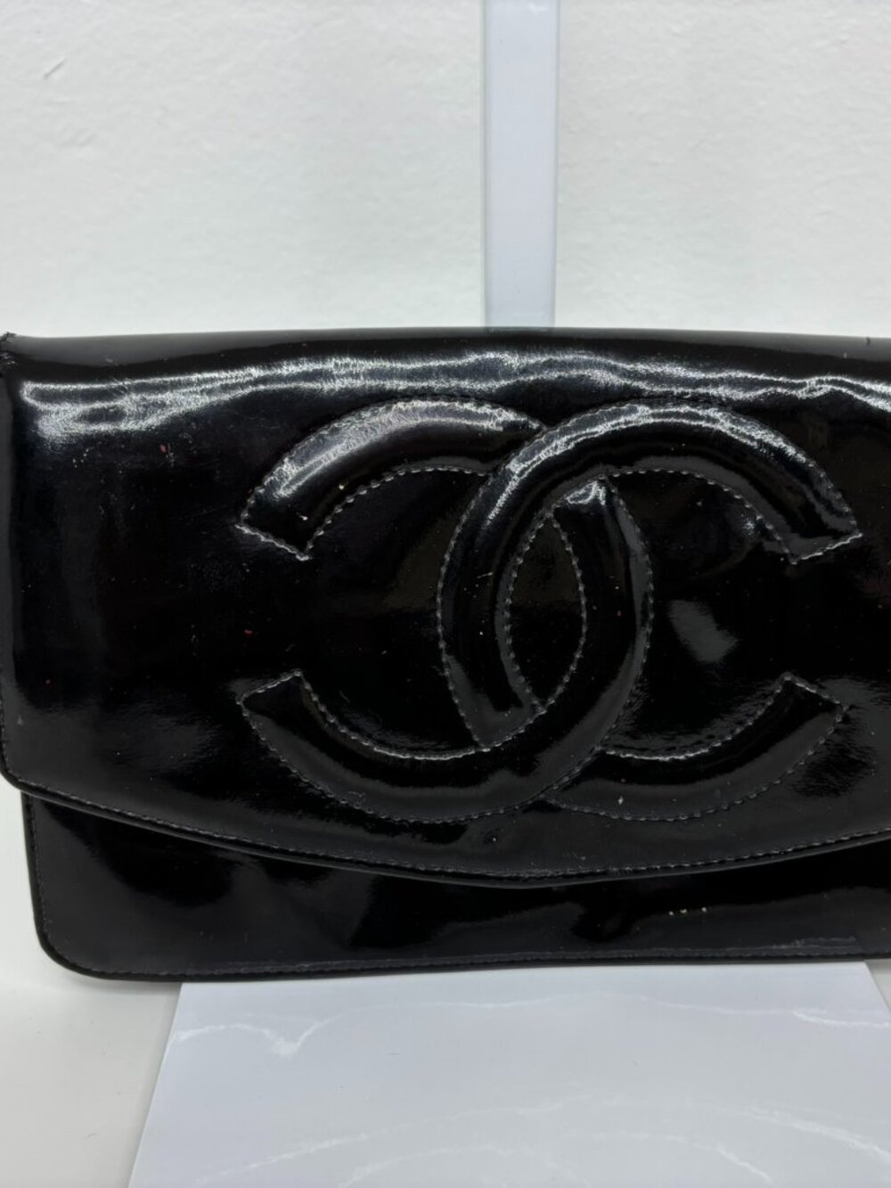 Vintage Chanel Black Patent Leather Timeless CC Clutch Wallet